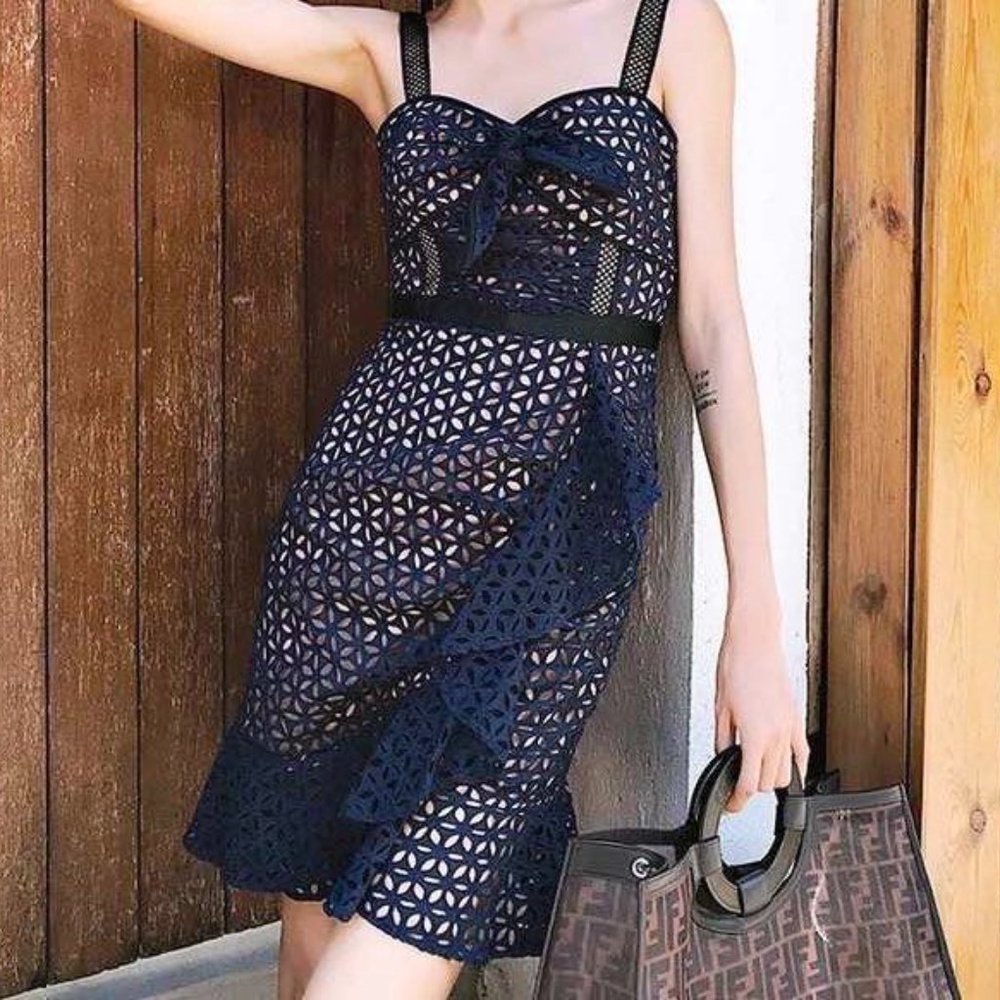 Self Portrait Navy Blue Ruffled Openwork Dress US4/UK8